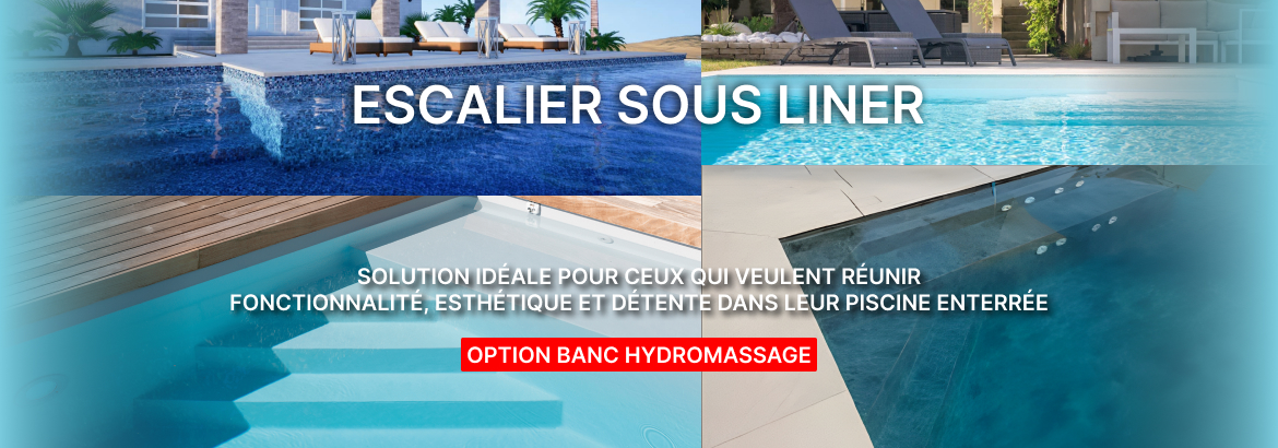Escalier pour piscines enterrées, à placer sous le liner. Escalier avec assise relax. Escalier pour piscines enterrées, à placer sous le liner. Escalier avec assise relax.