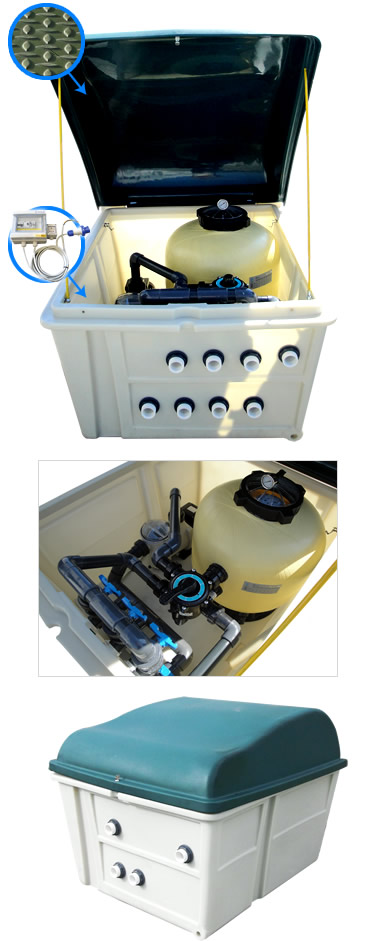 Local technique de filtration préassemblé pour piscine enterrée en kit avec escalier d’angle sous liner 11x5 – h120