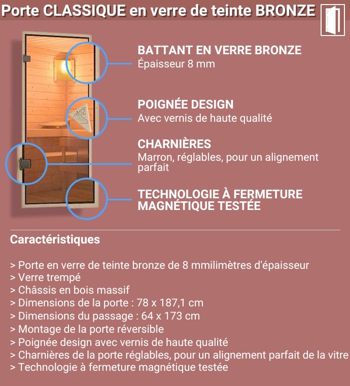 Sauna finlandese classica Ava 1 coibentata - Porta classica in vetro bronzato - dettaglio